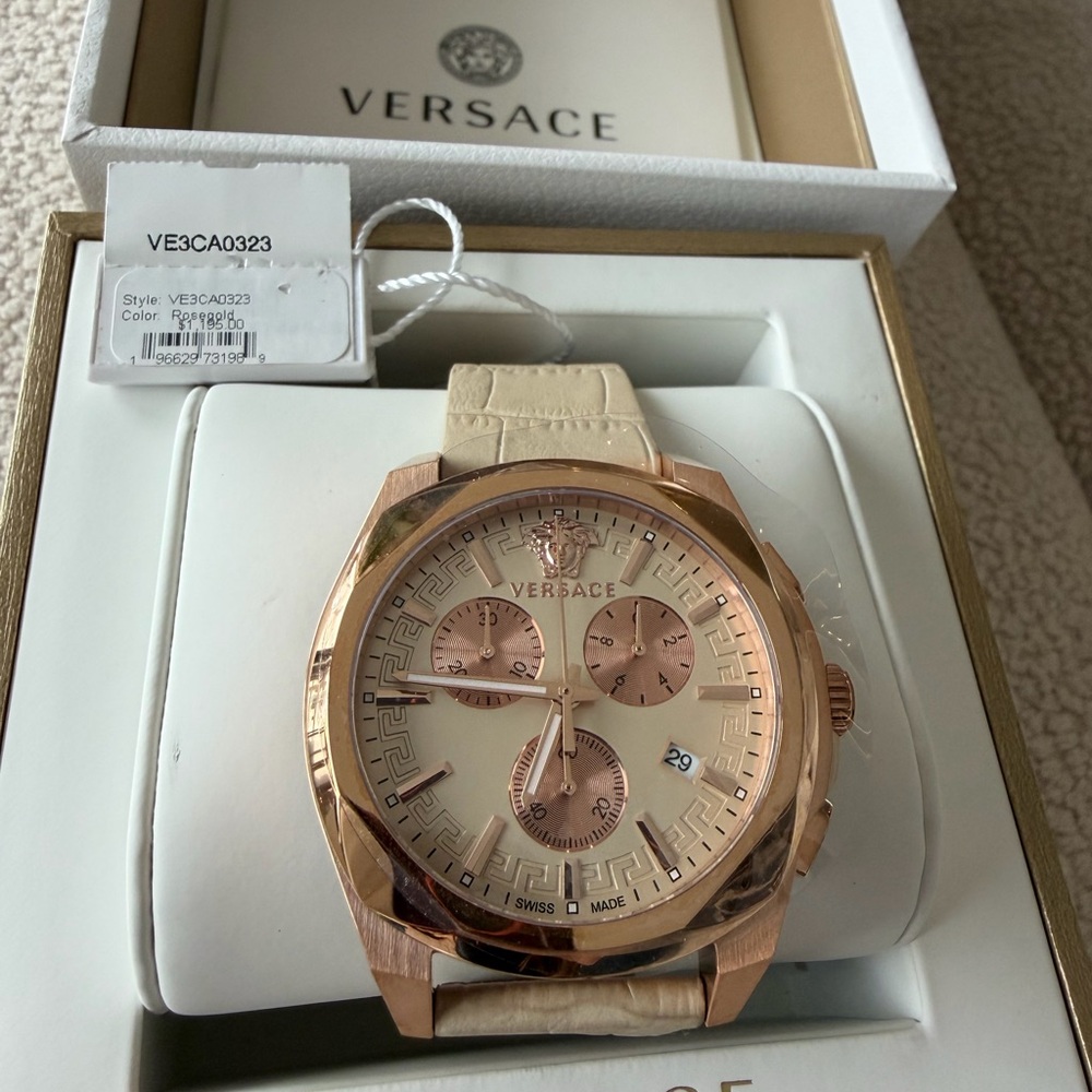 Versace Rose Gold Watch with Cream Strap